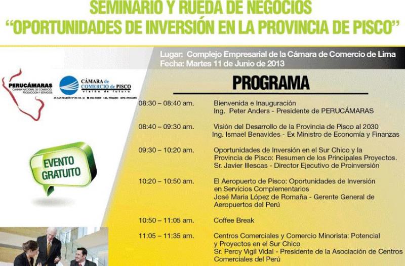 SE DARÁ SEMINARIO PARA CONOCER OPORTUNIDADES DE INVERSIÓN EN PISCO